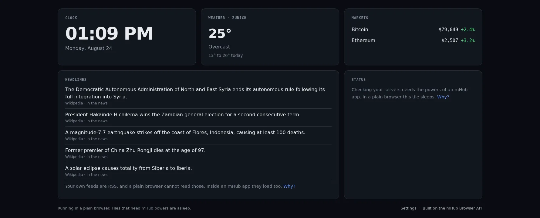 Glance: clock, weather, market prices and news headlines as calm tiles on one screen.