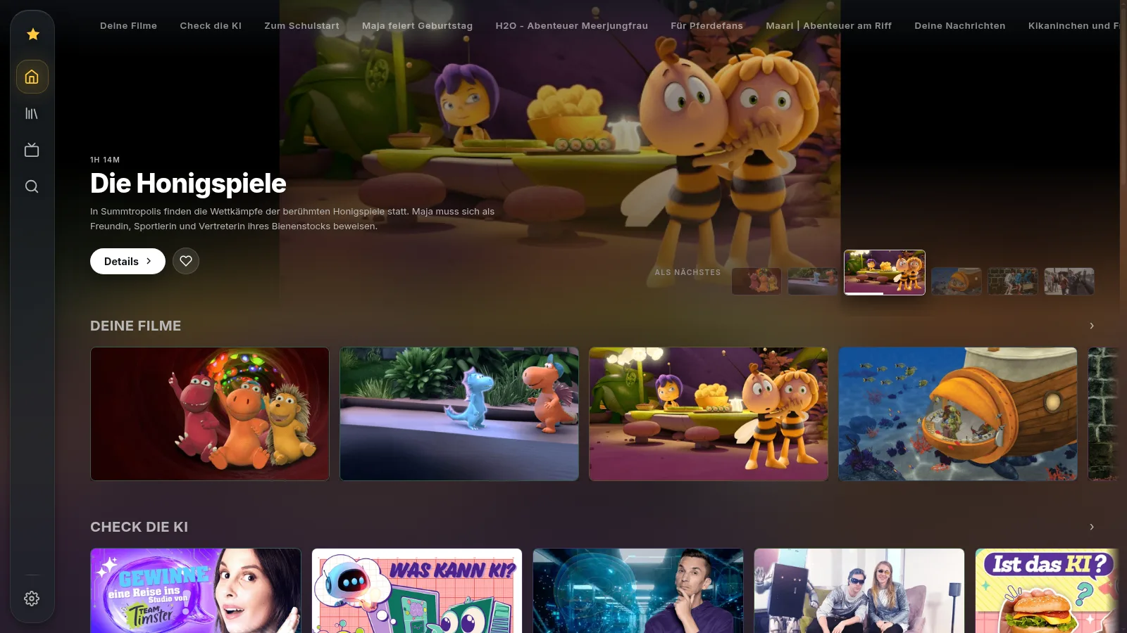 Junior: a KiKA animation hero above rows of kids shows, in German, with a yellow star logo in the sidebar.