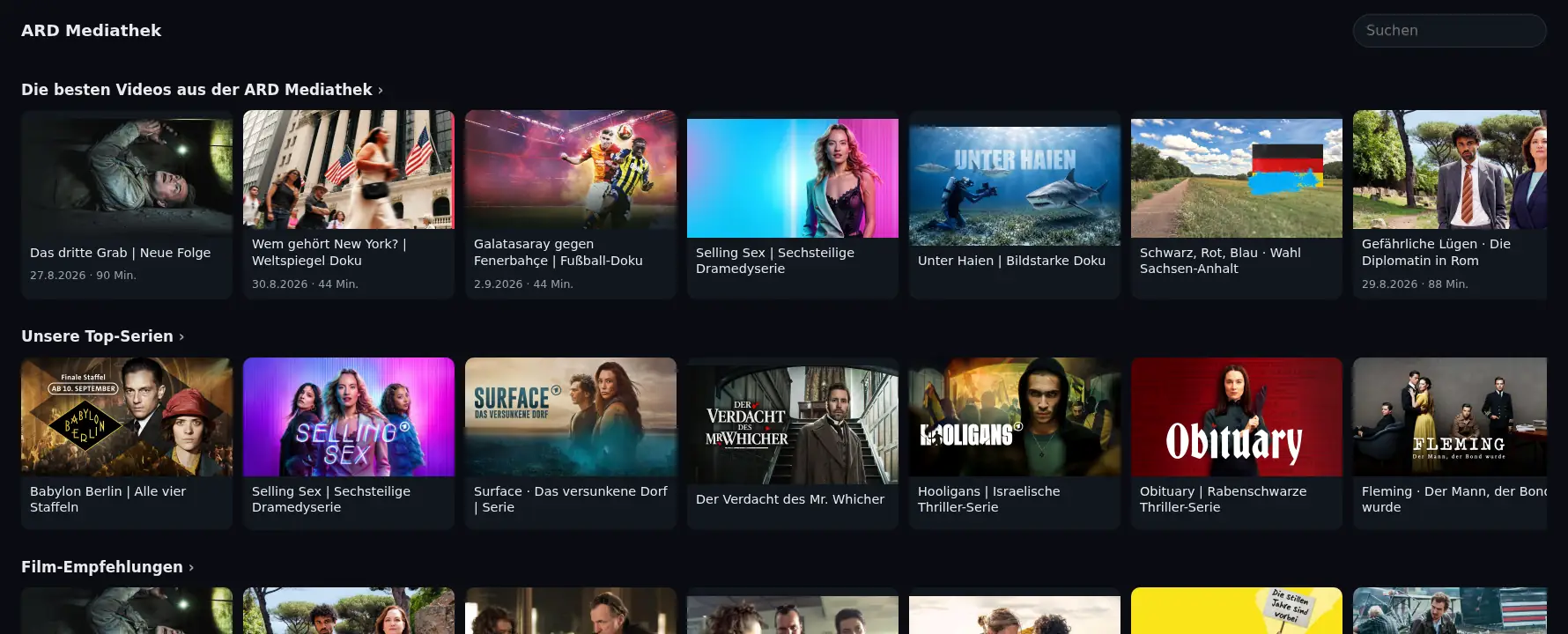 Mediathek: rows of ARD videos and series with titles, dates and running times, and a search field.