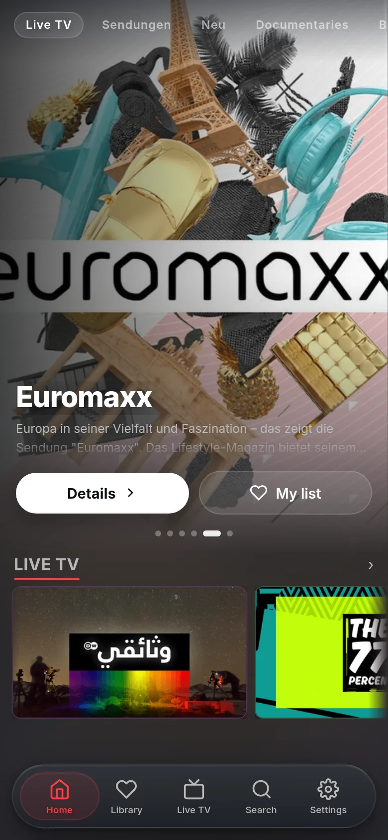 Vuma on a phone: a featured DW show with details and my-list buttons above a row of live TV channels.