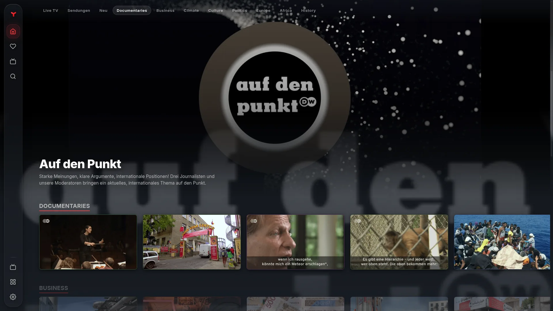 Vuma on a TV: a featured DW show above rows of documentaries and business videos, with the addon's catalogs along the top.