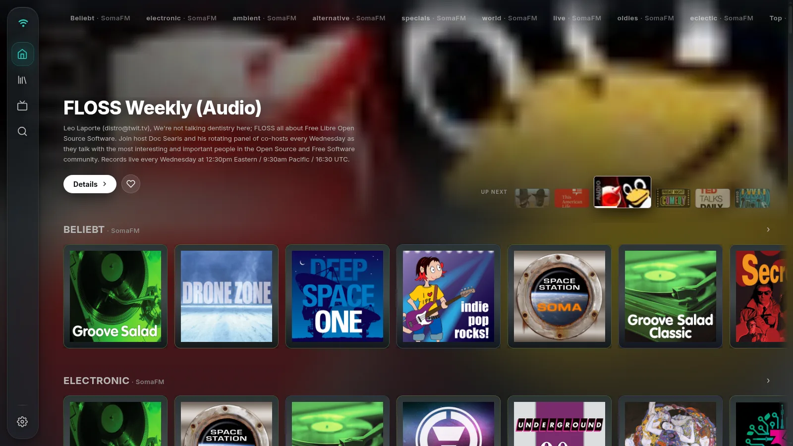 Waves: a podcast hero above rows of SomaFM radio stations, with a teal wave logo in the sidebar.